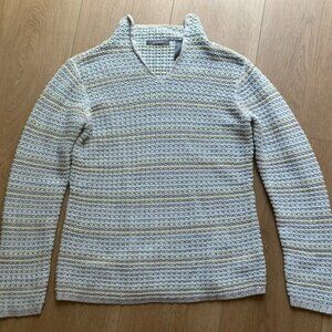 Liz Claiborne Blue Green Gray Pullover Striped Cotton V Neck Sweater Vintage - M